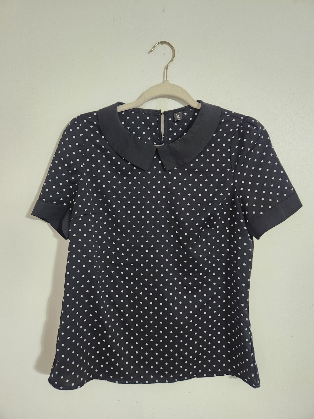 Allegra K - Polka Dot Peter Pan Collar Blouse - Black with White Dots